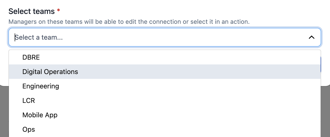 A screenshot of the PagerDuty web app showing how to select Teams that should have access to the Workflow Integration