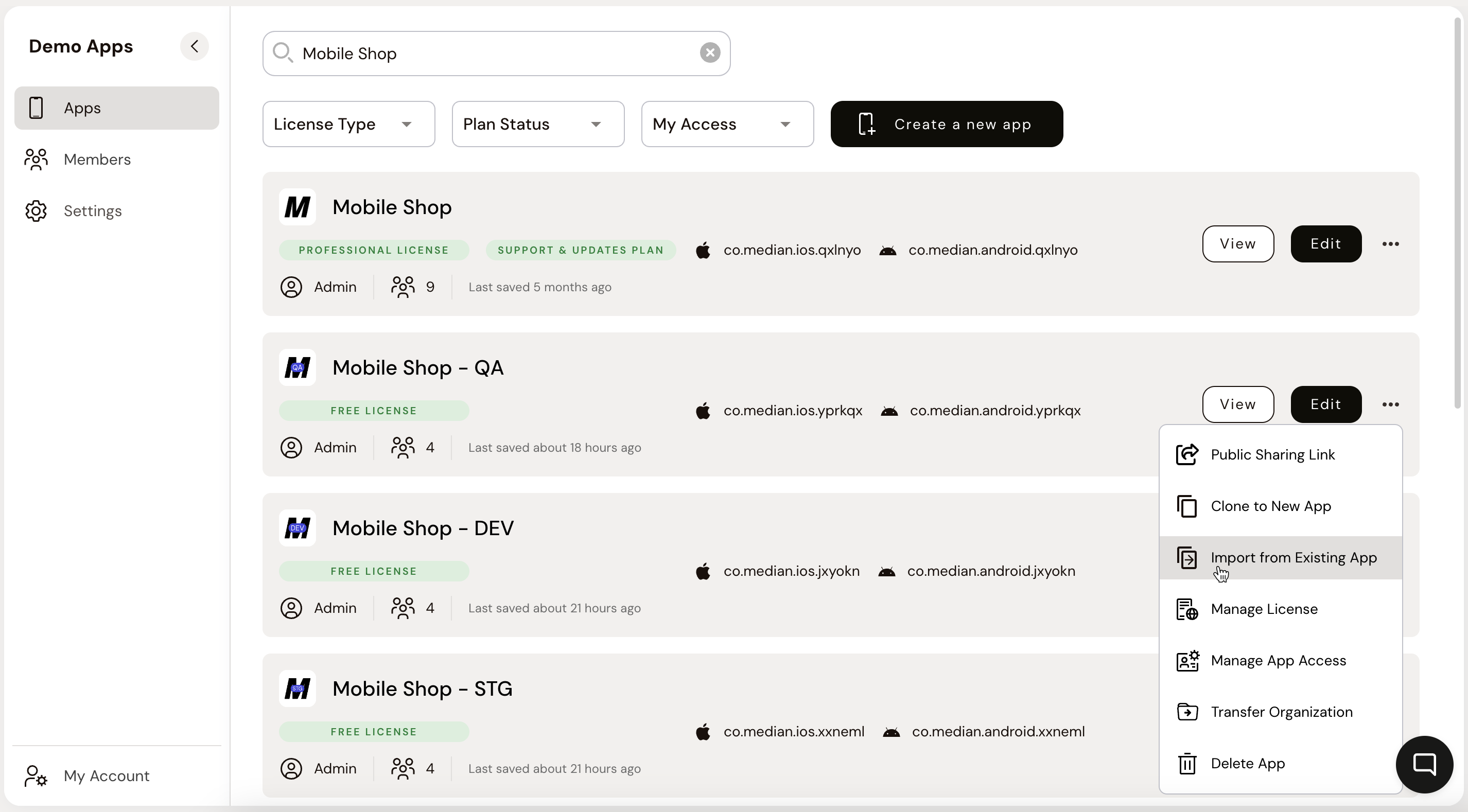 Organization App Listing - Import From Existing App