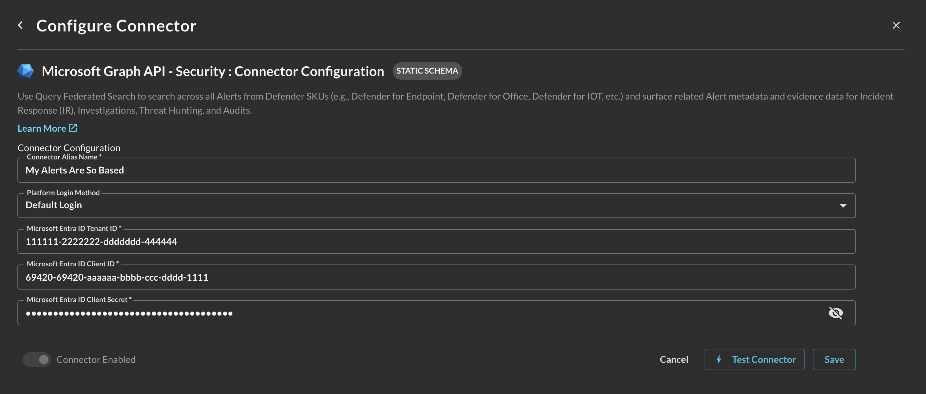 FIG. XX - Configuring parameters for the Microsoft Graph API - Security Connector