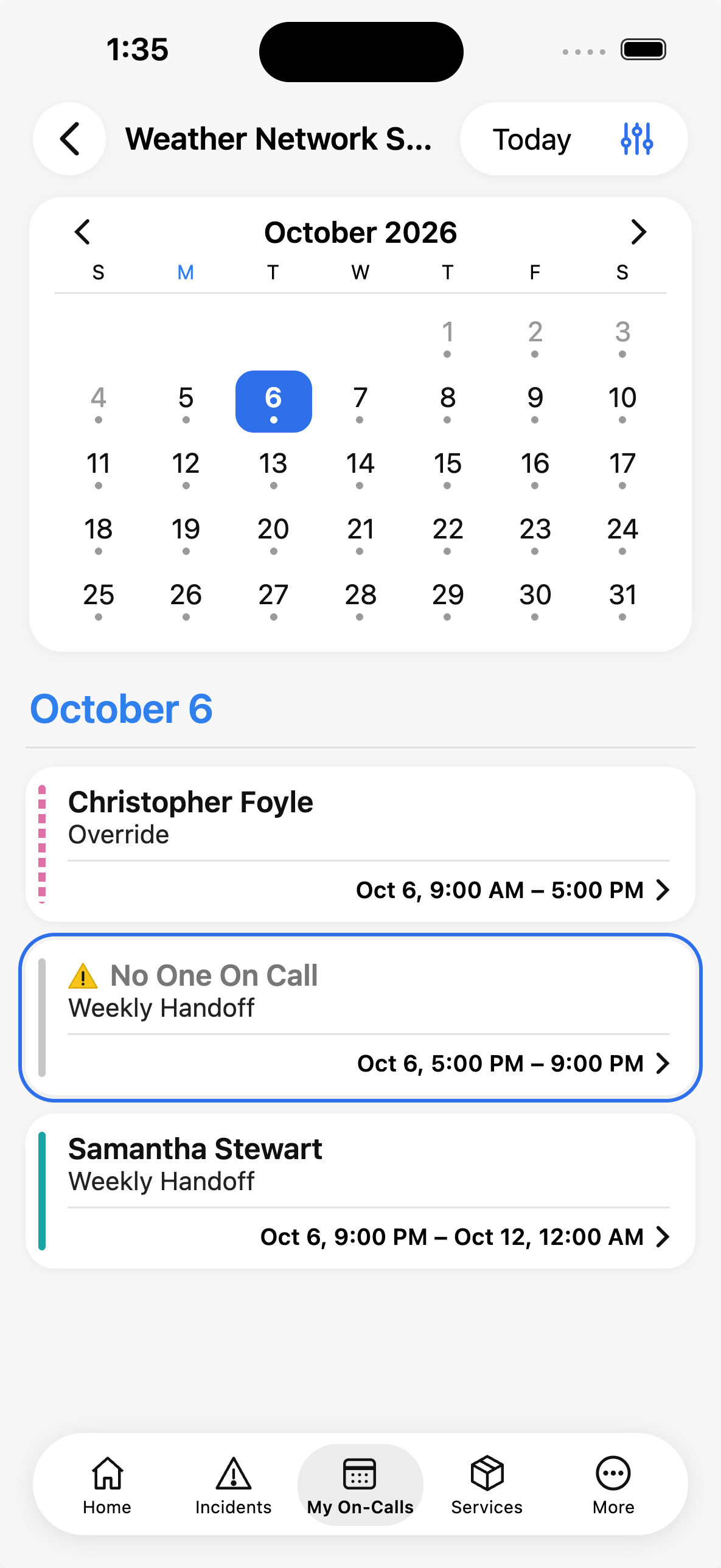 A screenshot of the PagerDuty mobile app showing a schedule with no one on call
