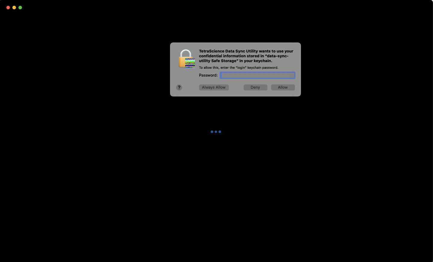 macOS keychain prompt asking to allow the Data Sync Utility to use the data-sync-utility Safe Storage keychain item