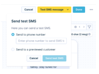 Send test SMS dialog with options to send to a phone number or previewed customer