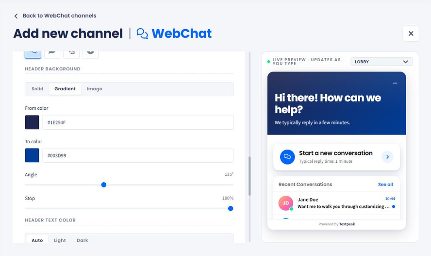 Screenshot of the header background options showing gradient from and to colors, angle, and stop