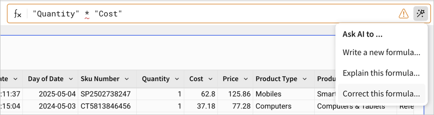 Table showing a column with a formula error. Formula assistant menu displayed with cursor over the "Correct this formula" option.