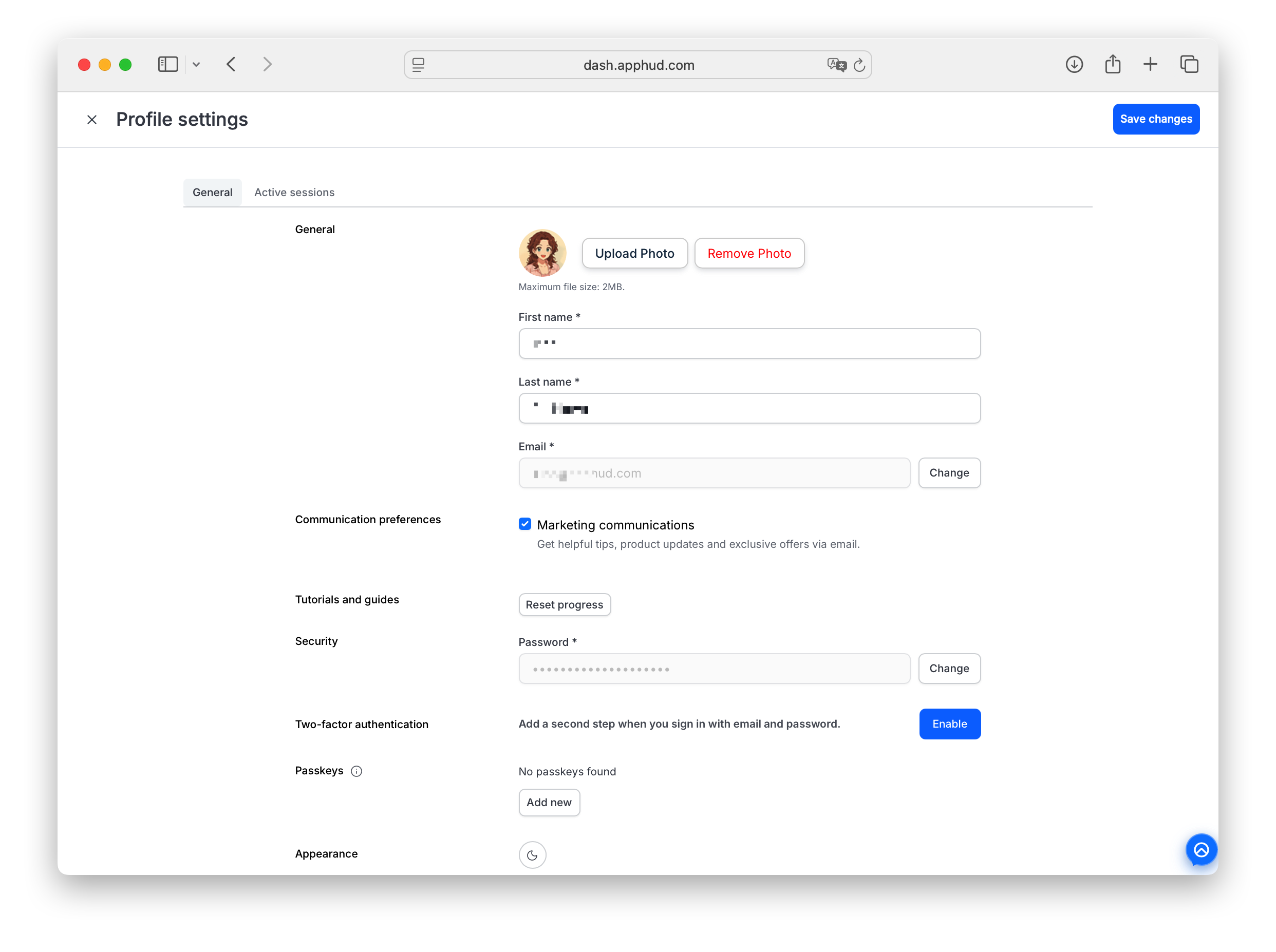 Profile settings — General tab