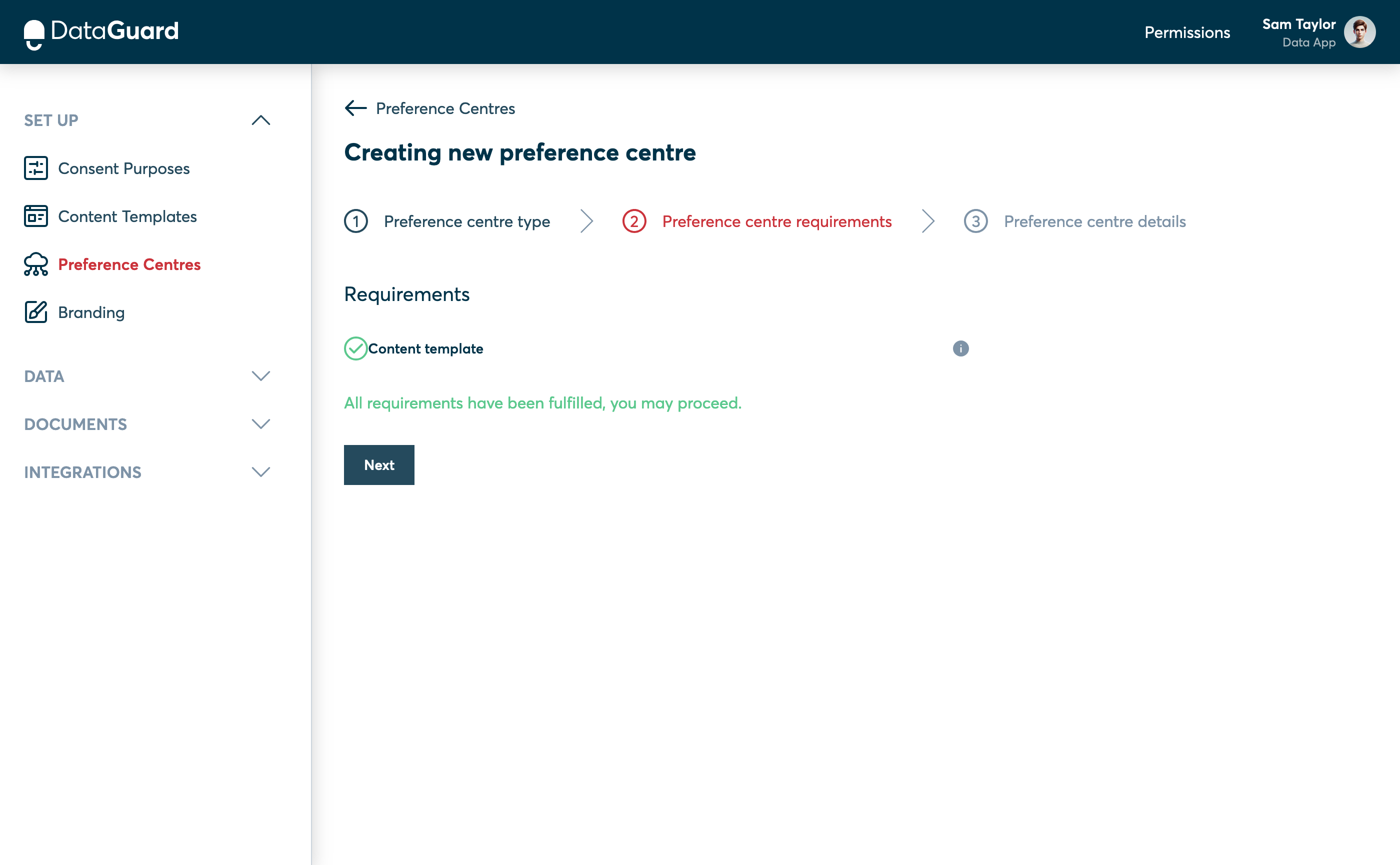 The Preference centre requirements step of the Preference Centre UI.