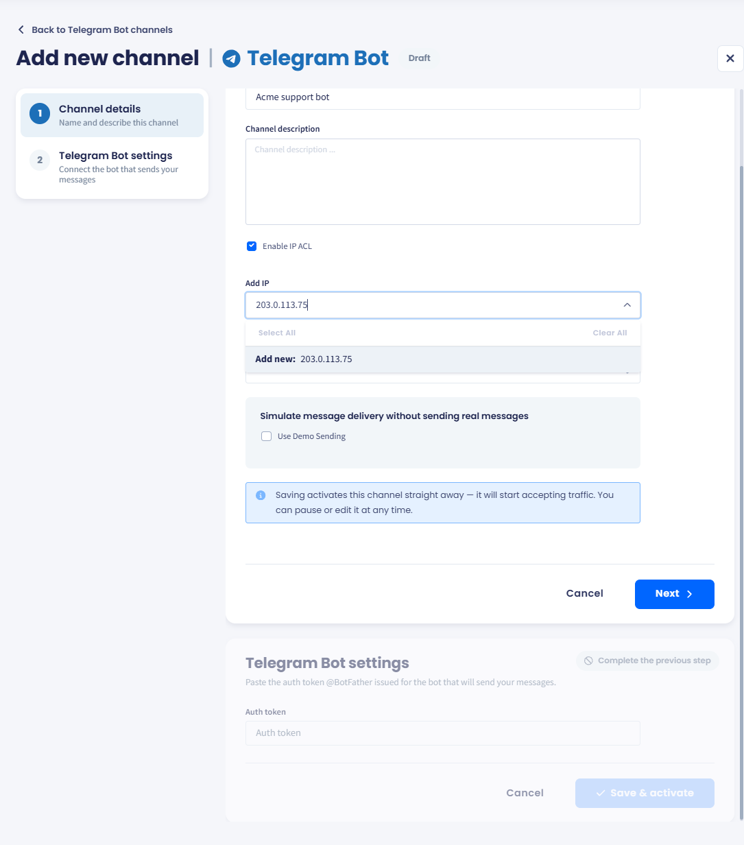Channel details step of the Add new channel form for Telegram Bot