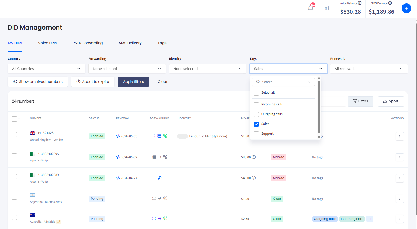 Screenshot with filtering DIDs