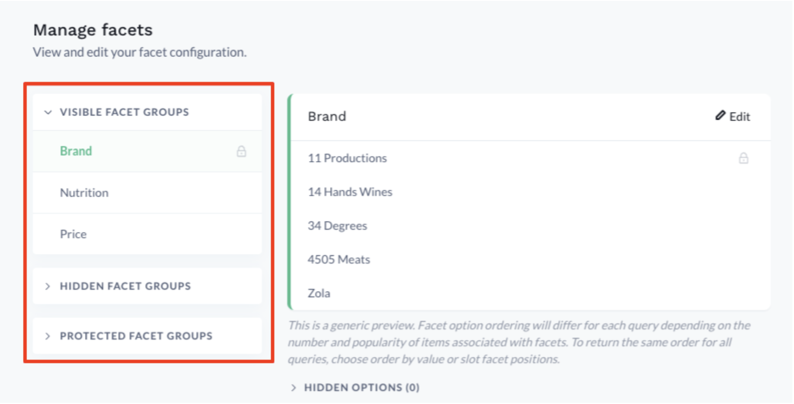 Facet management in the dashboard