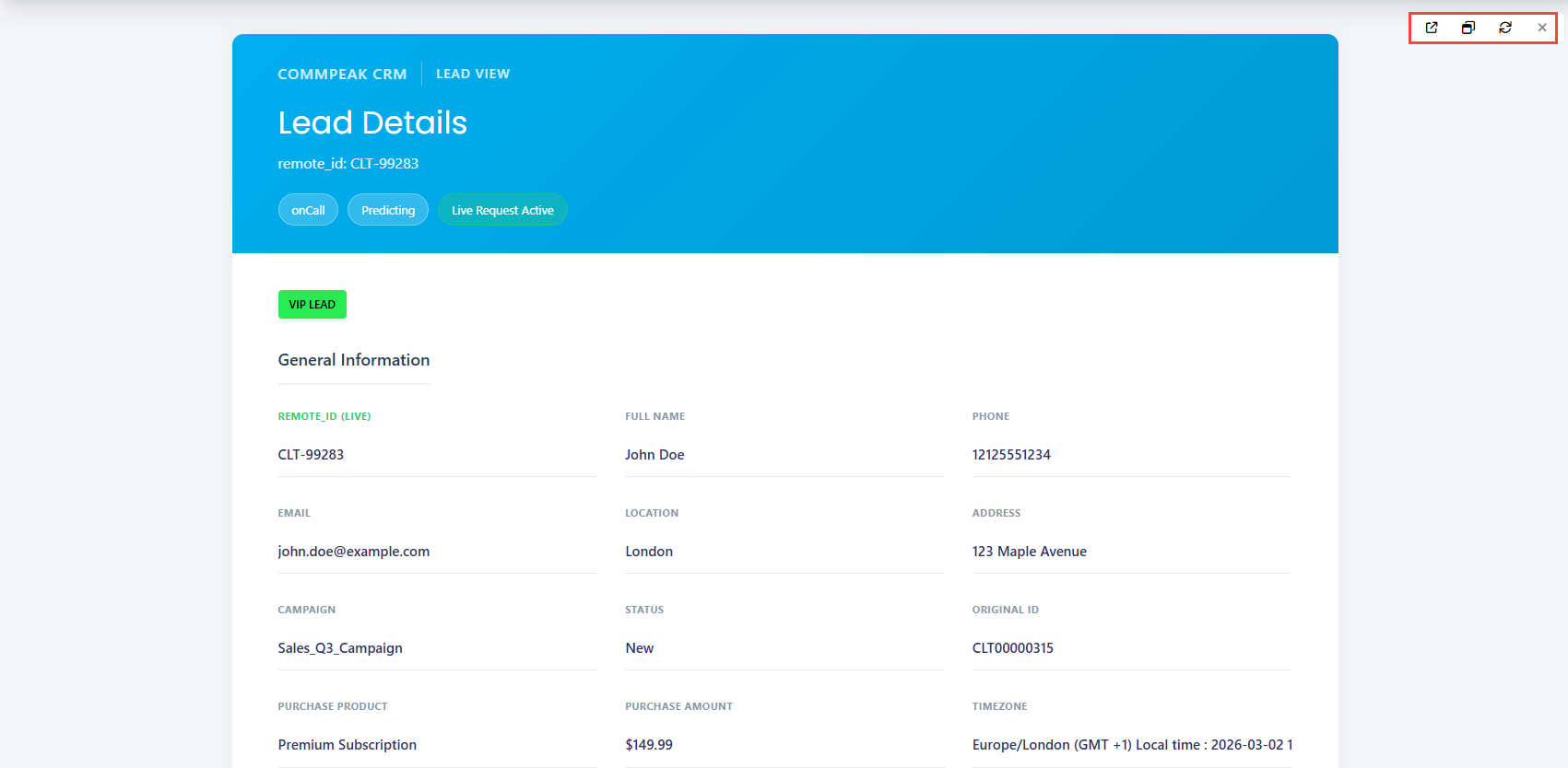 Screenshot with controls in the integrated CRM