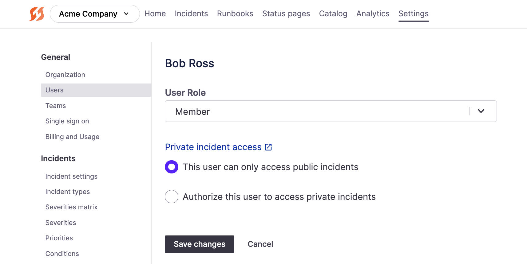 User role and private incident access permissions in Settings