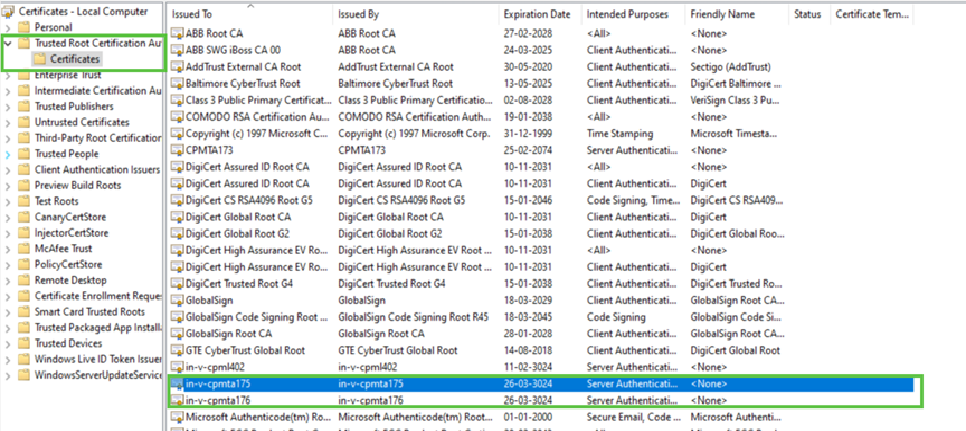 Certificate Store in both source nodes (L2 Nodes)
