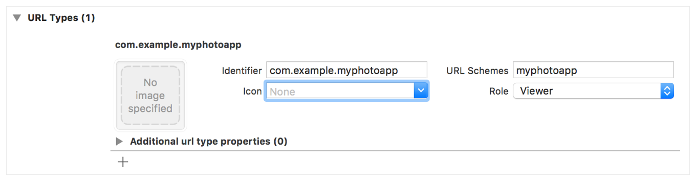 A screenshot showing an example of how to register the URL schema under the URL Types section