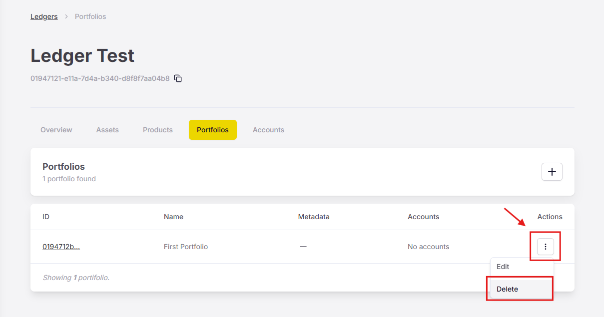 Figure 1. The option to delete a portfolio on the Actions menu.