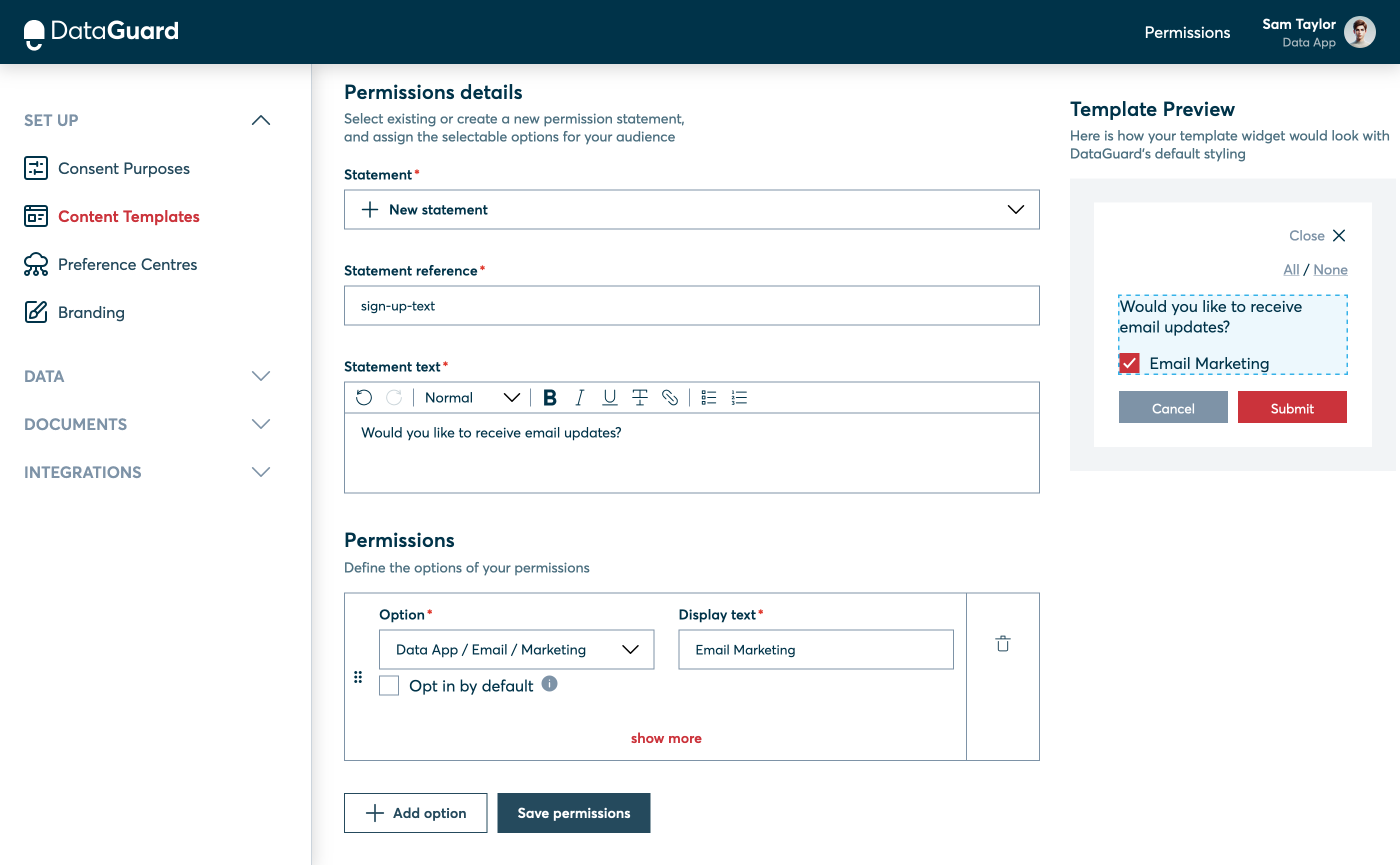 The Permissions block creation page with Purpose added.