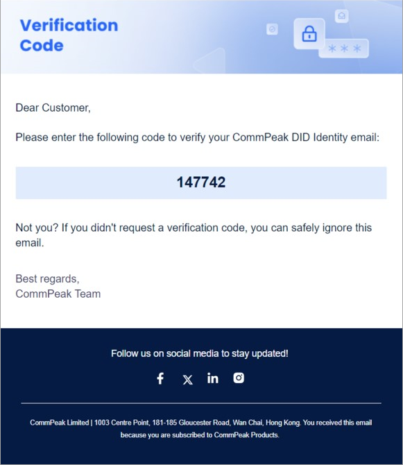 Screenshot with verification code email - personal identity