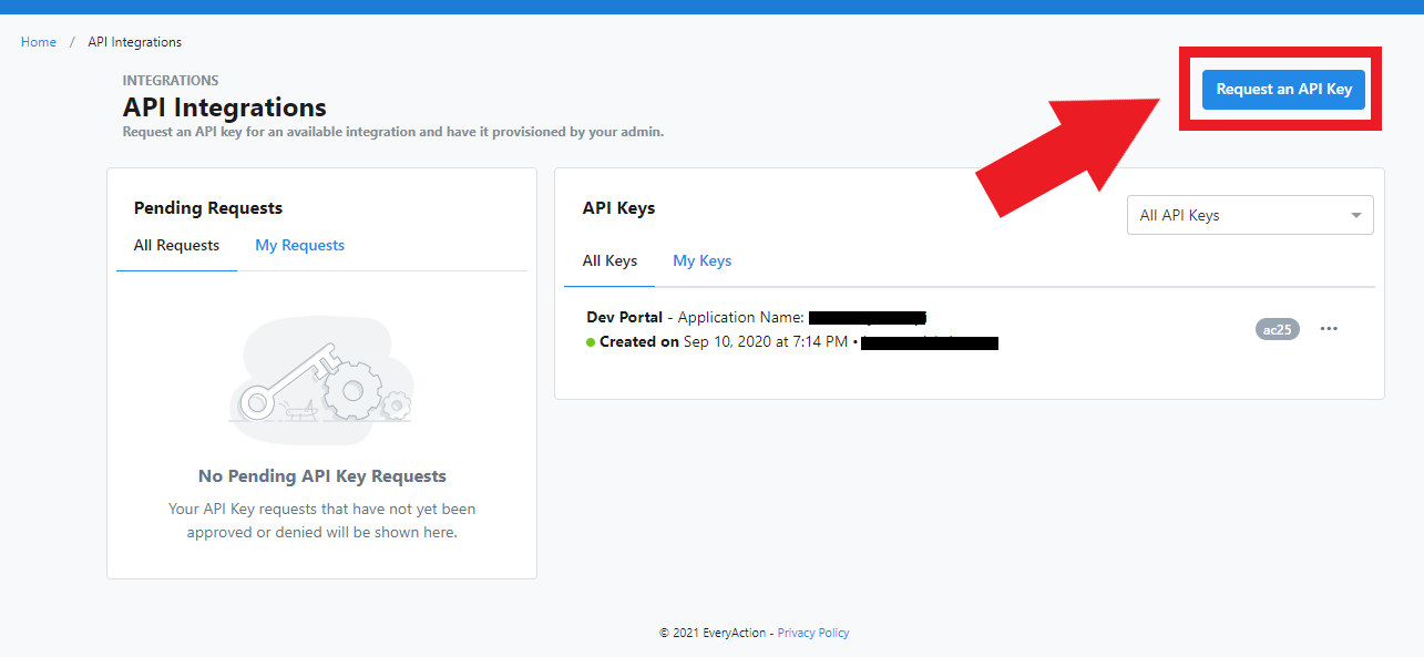 Select "Request an API Key" from the API Integrations page