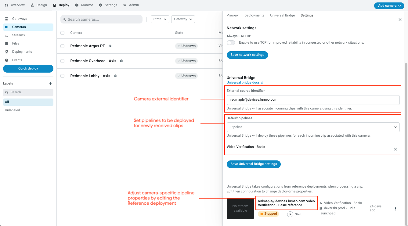 Set default pipeline for the Camera, and edit reference deployment under camera settings.