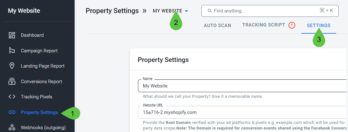 Navigate to the Settings tab to find the Property Settings.