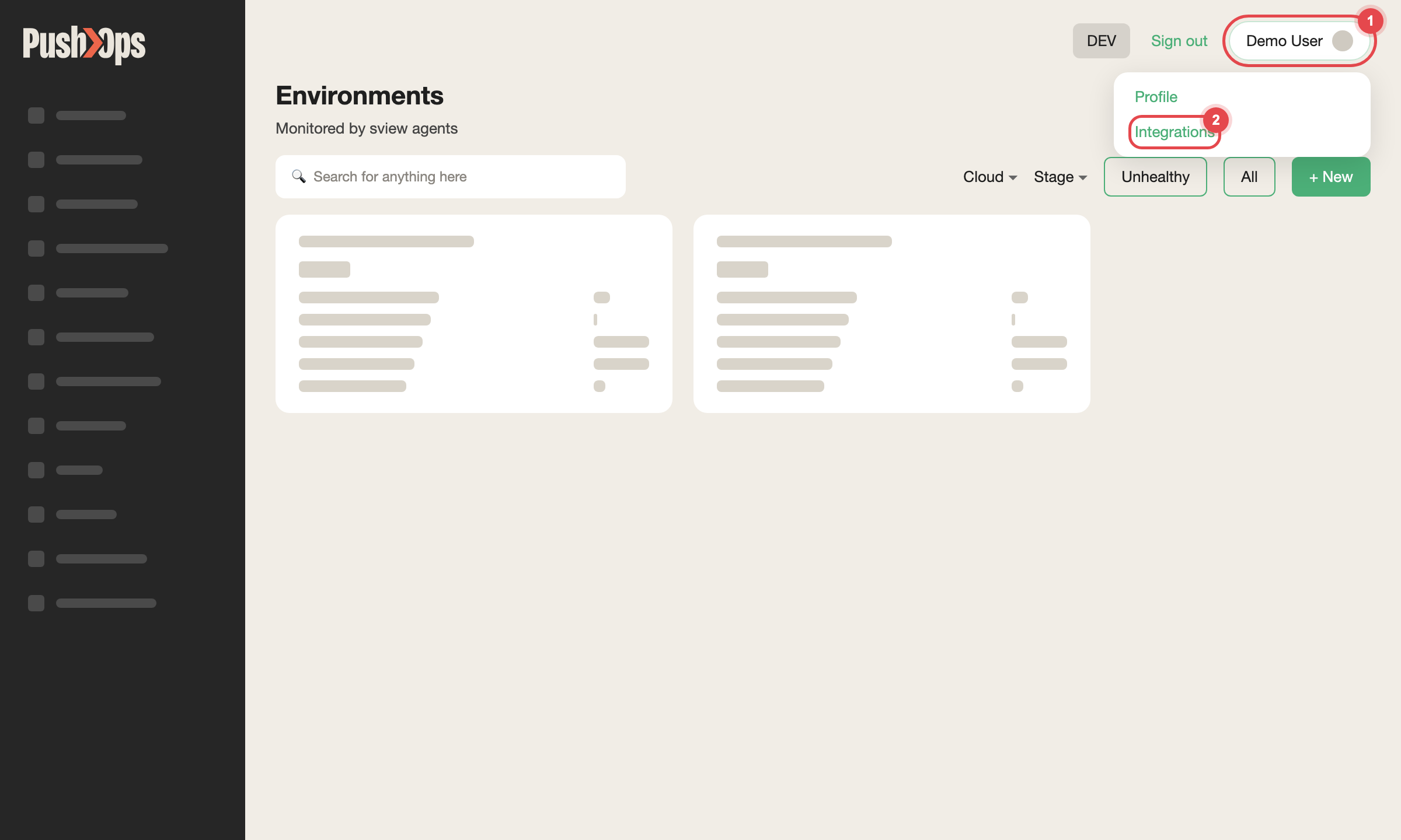 The SVIEW header with the user name marked 1 and the Integrations menu item marked 2