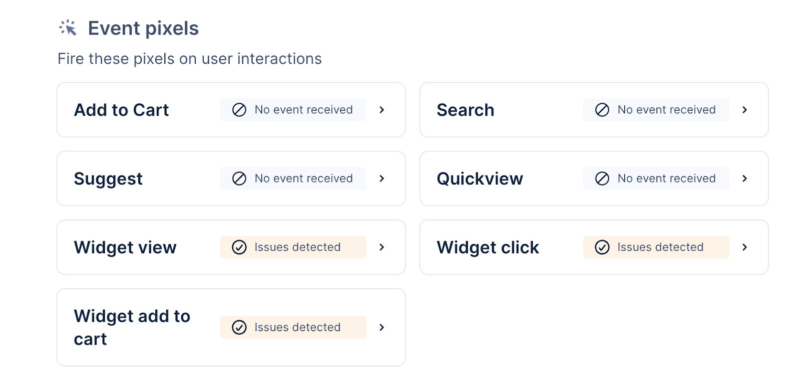 Navigate to Setup > Events management > Event pixels to view widget events
