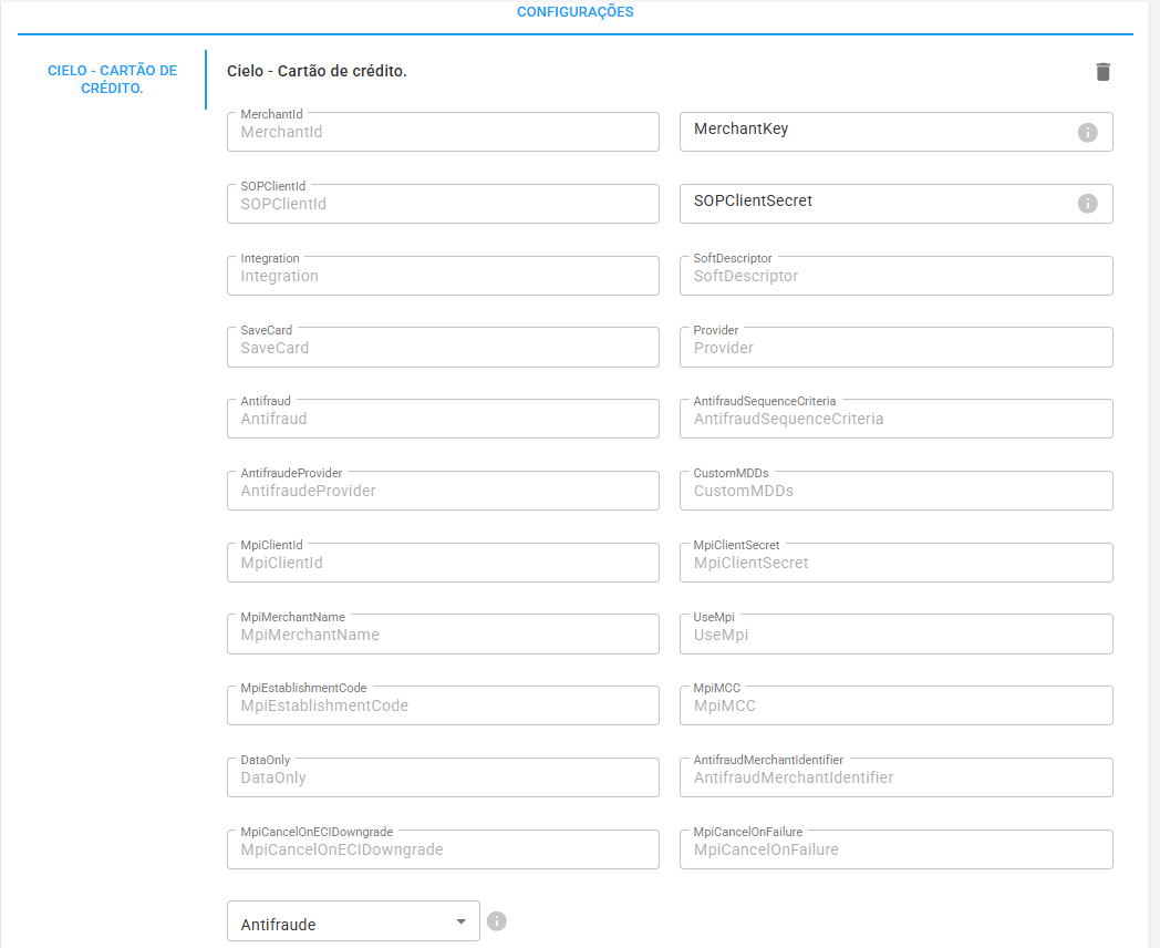 Visual da tela de configuração do Cartão de crédito