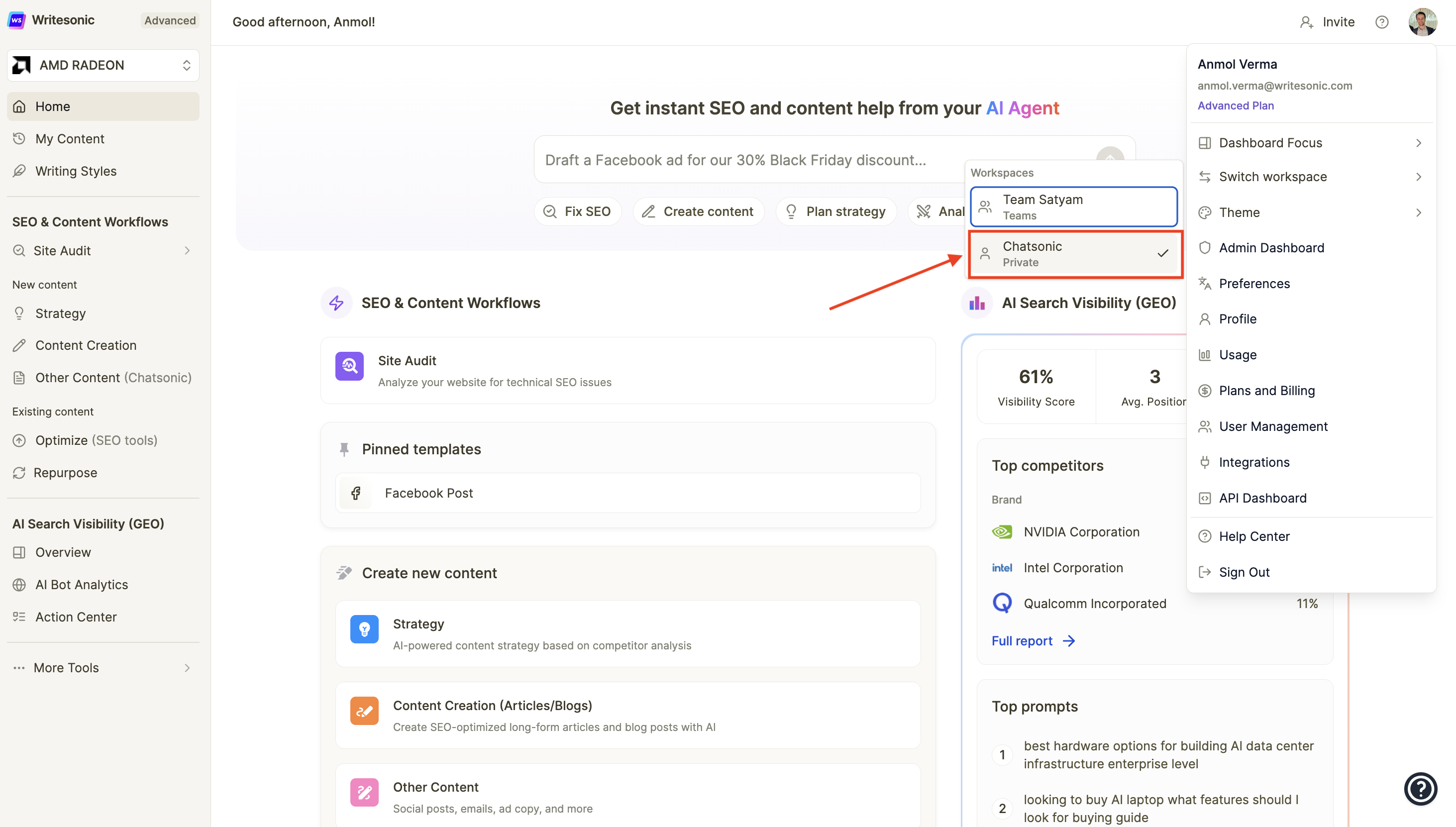 Switch workspace option expanded showing available workspaces