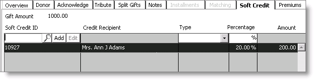 From Fundraising, select Enter and edit gifts > Soft Credit tab