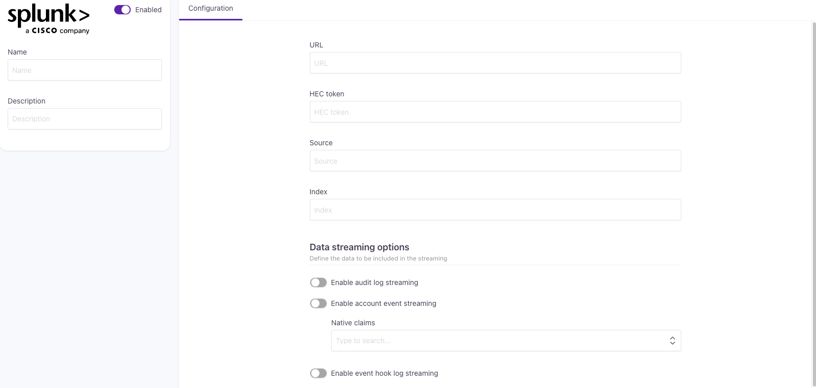 Configuring event streaming to Splunk