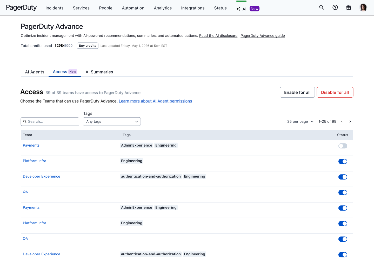 PagerDuty Advance team-level access control