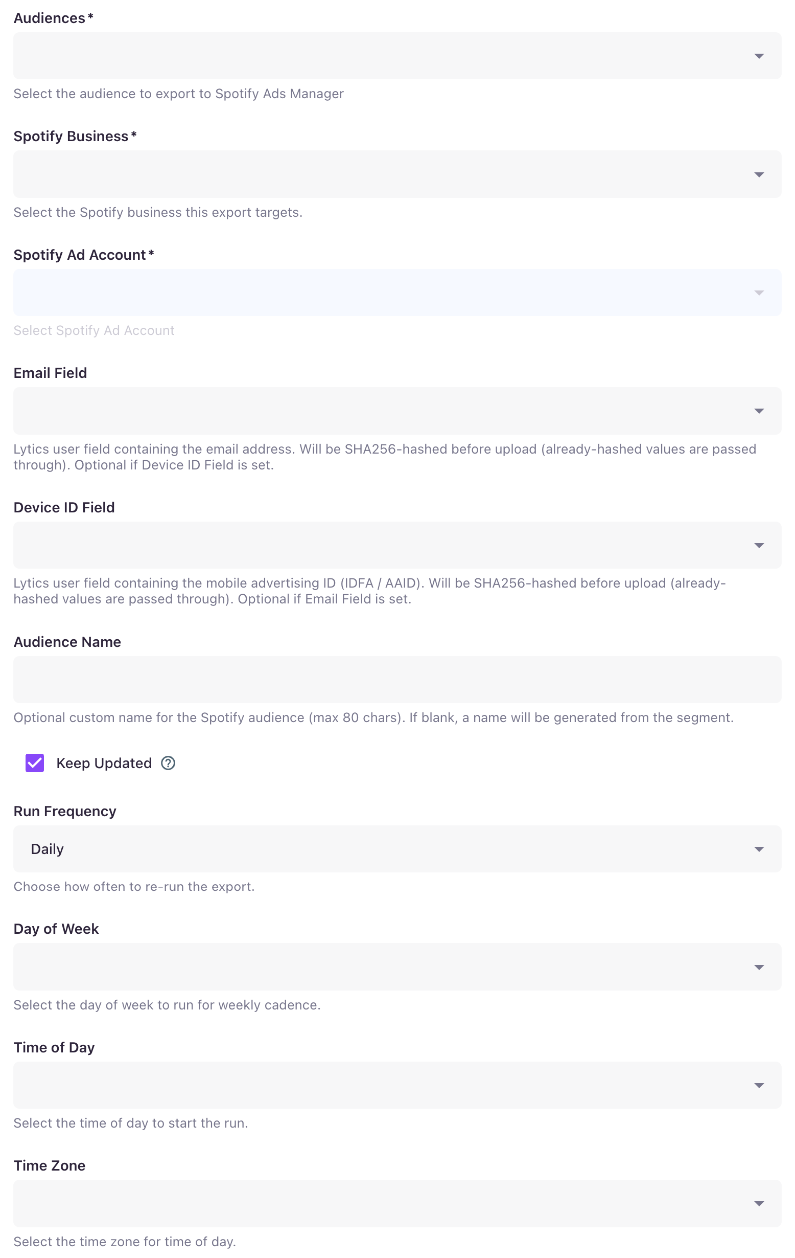 Spotify Export Audience job configuration
