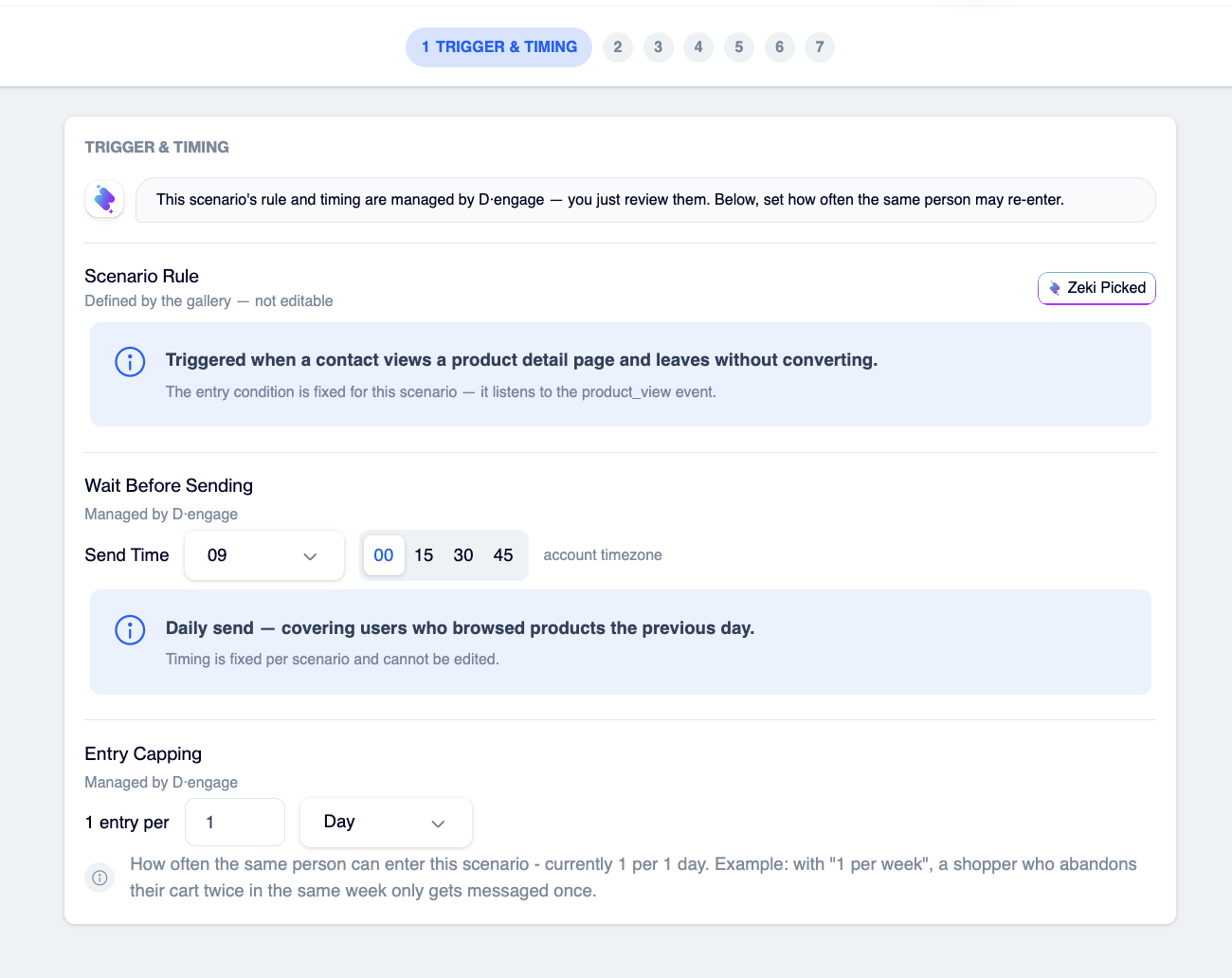 Trigger & Timing step showing the read-only Scenario Rule for Browse Abandonment, the daily Send Time selector and the Entry Capping setting.