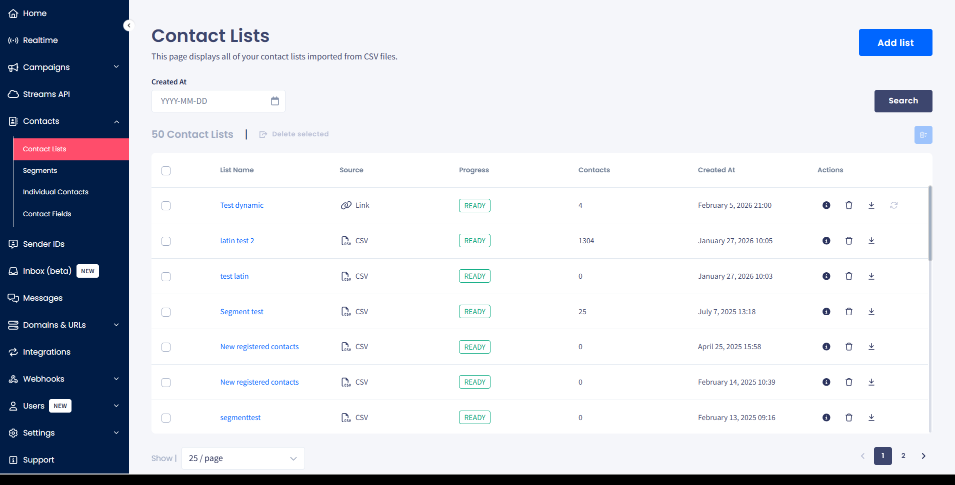 Screenshot of the **Contact Lists** page