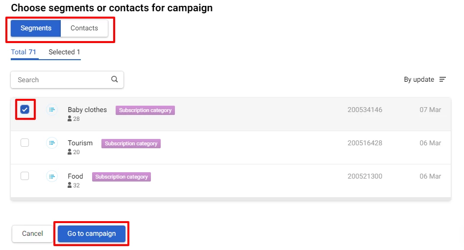 Choose segments or contacts for the campaign