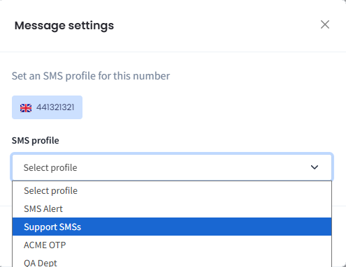 Screenshot with setting SMS profile