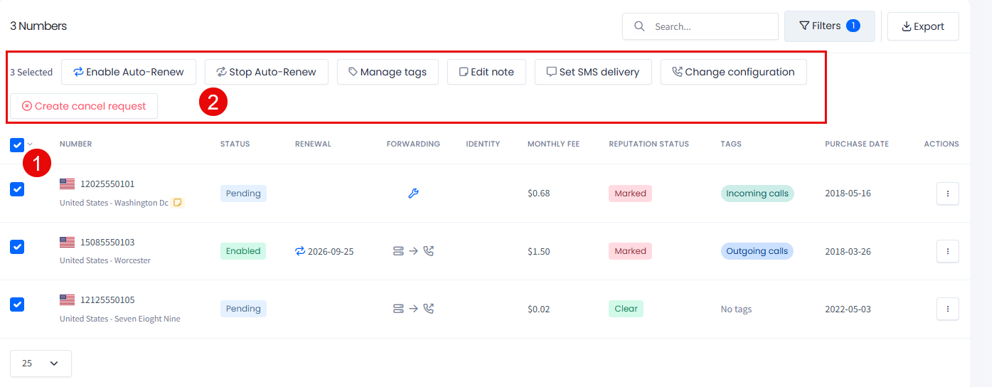 Screenshot with the bulk management options