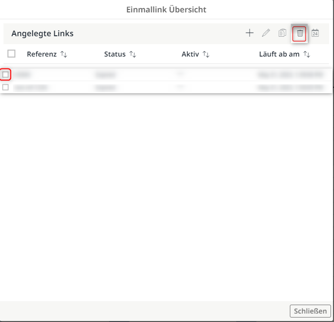 Auswahl des zu entfernenden Einmallinks
