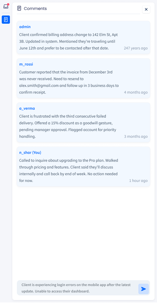 Screenshot of the Comments history