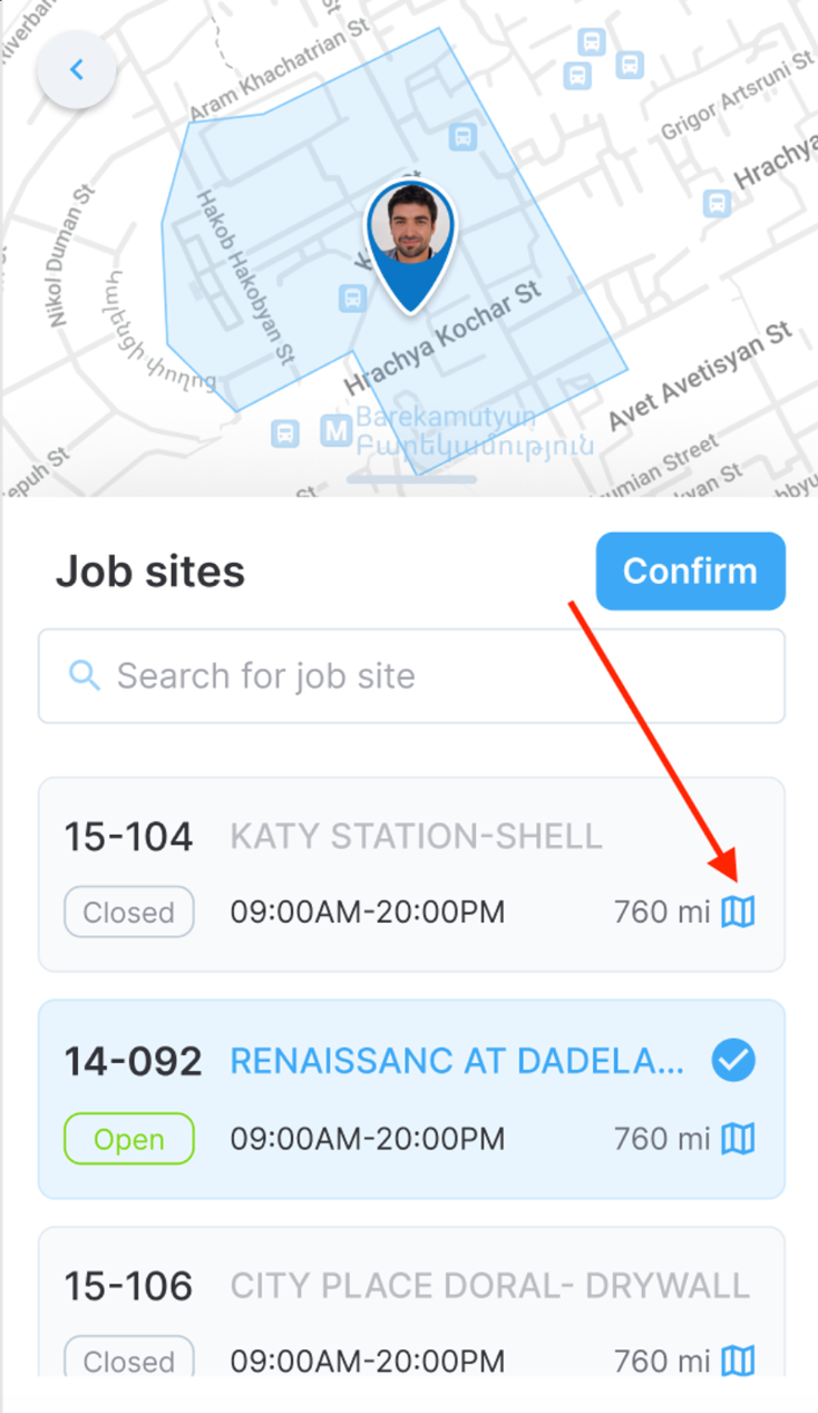 Map icon on a job site entry