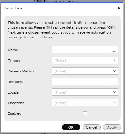 NotificationSubscription dialog. Provides possibility to add new subscription or edit existing subscriptions.