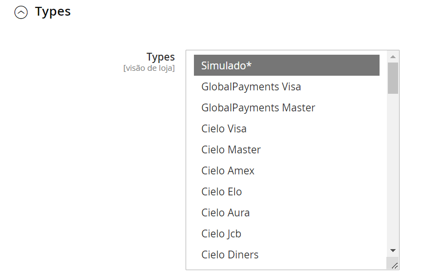 Tela de configuração dos tipos de cartões de crédito