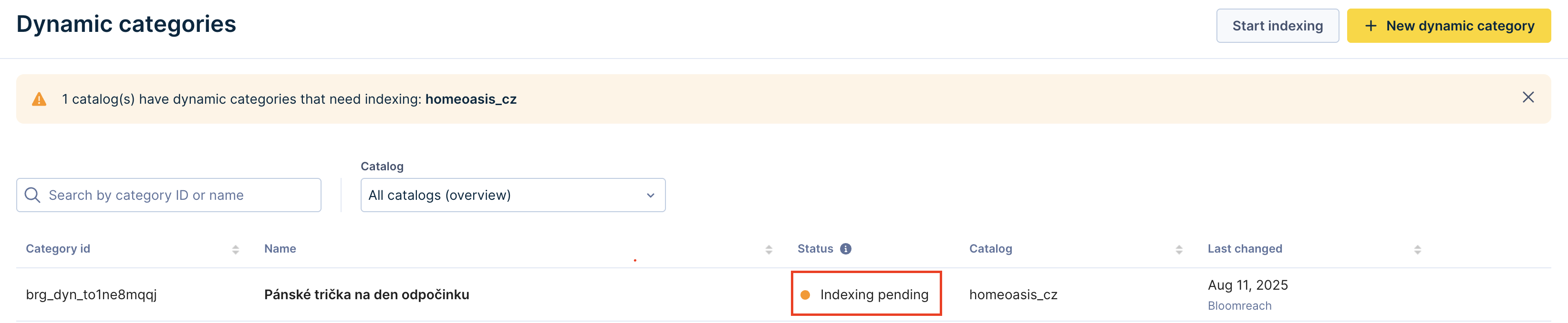 Replicated dynamic categories show **Indexing pending **status