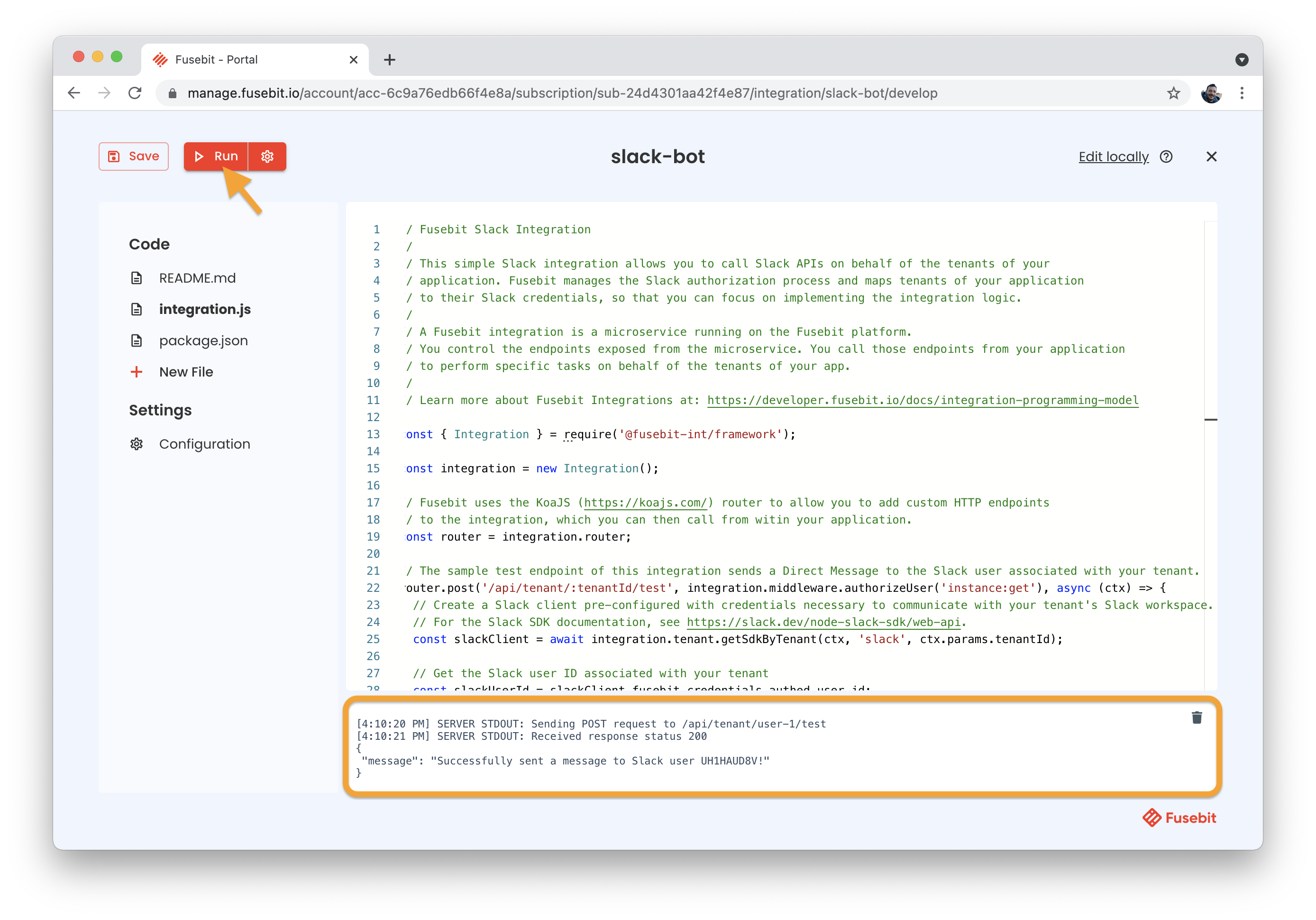 Fusebit Editor running an integration