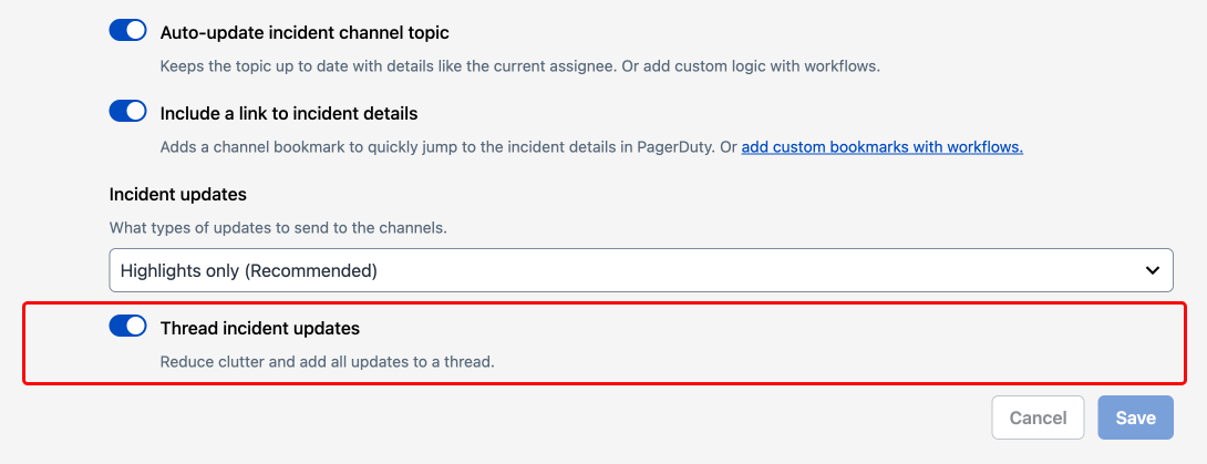 Threaded updates toggle in the PagerDuty UI