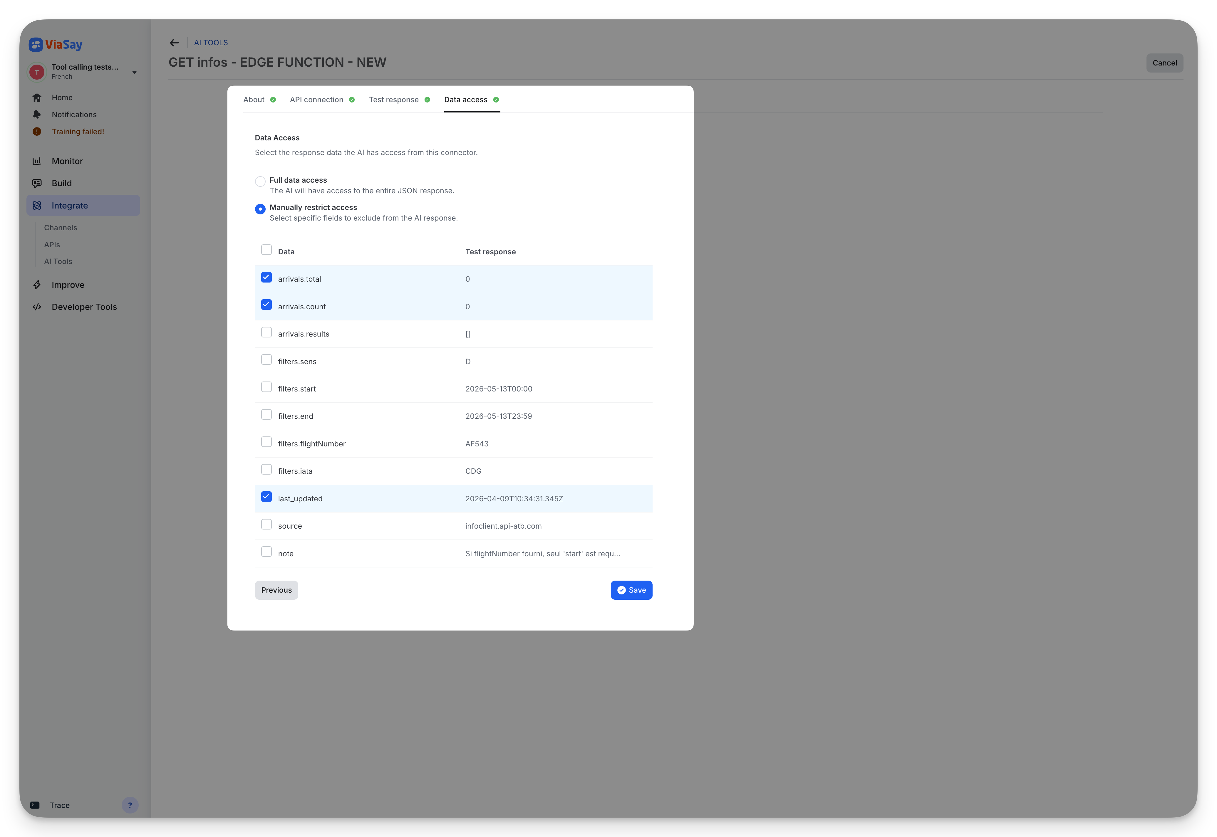Data Access step — full access or manually restrict fields