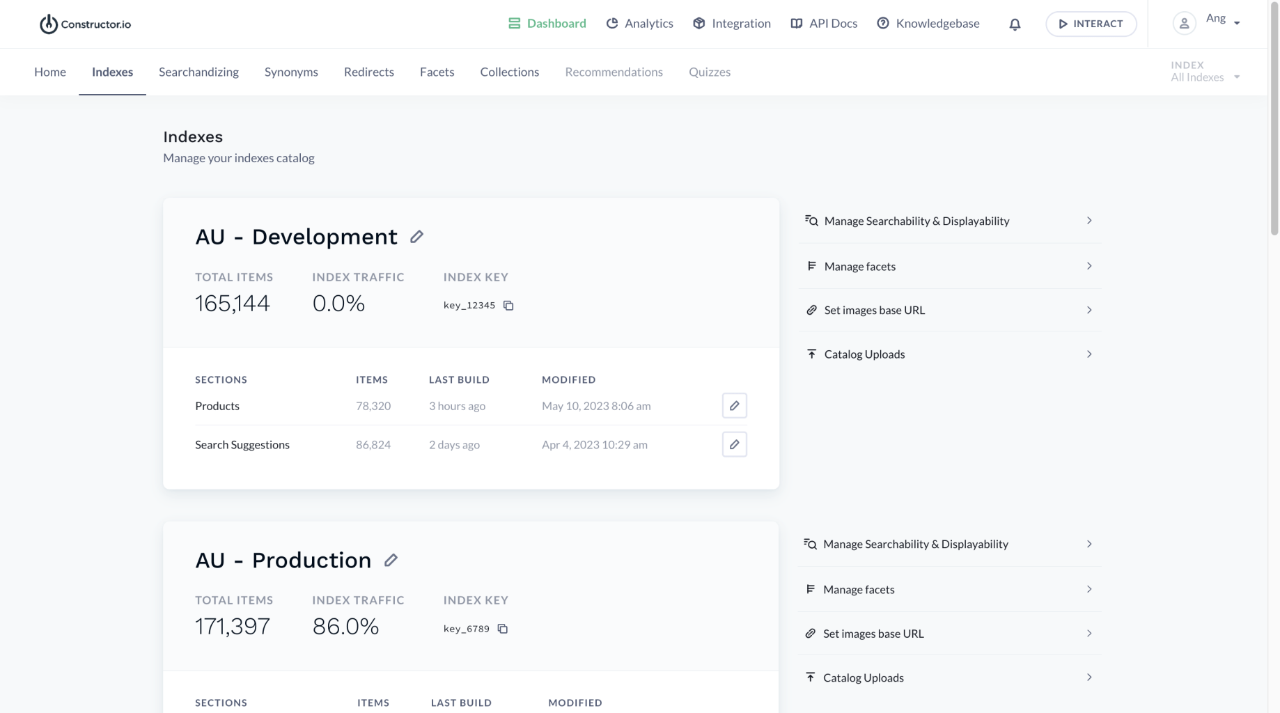 Constructor dashboard indexes management