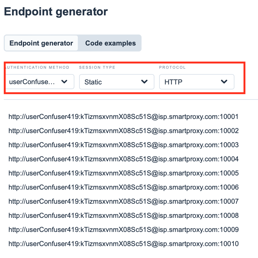 Smartproxy dashboard – Endpoint generator