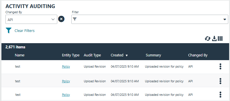 Auditing page in EPM showing Policy Editor API changes.