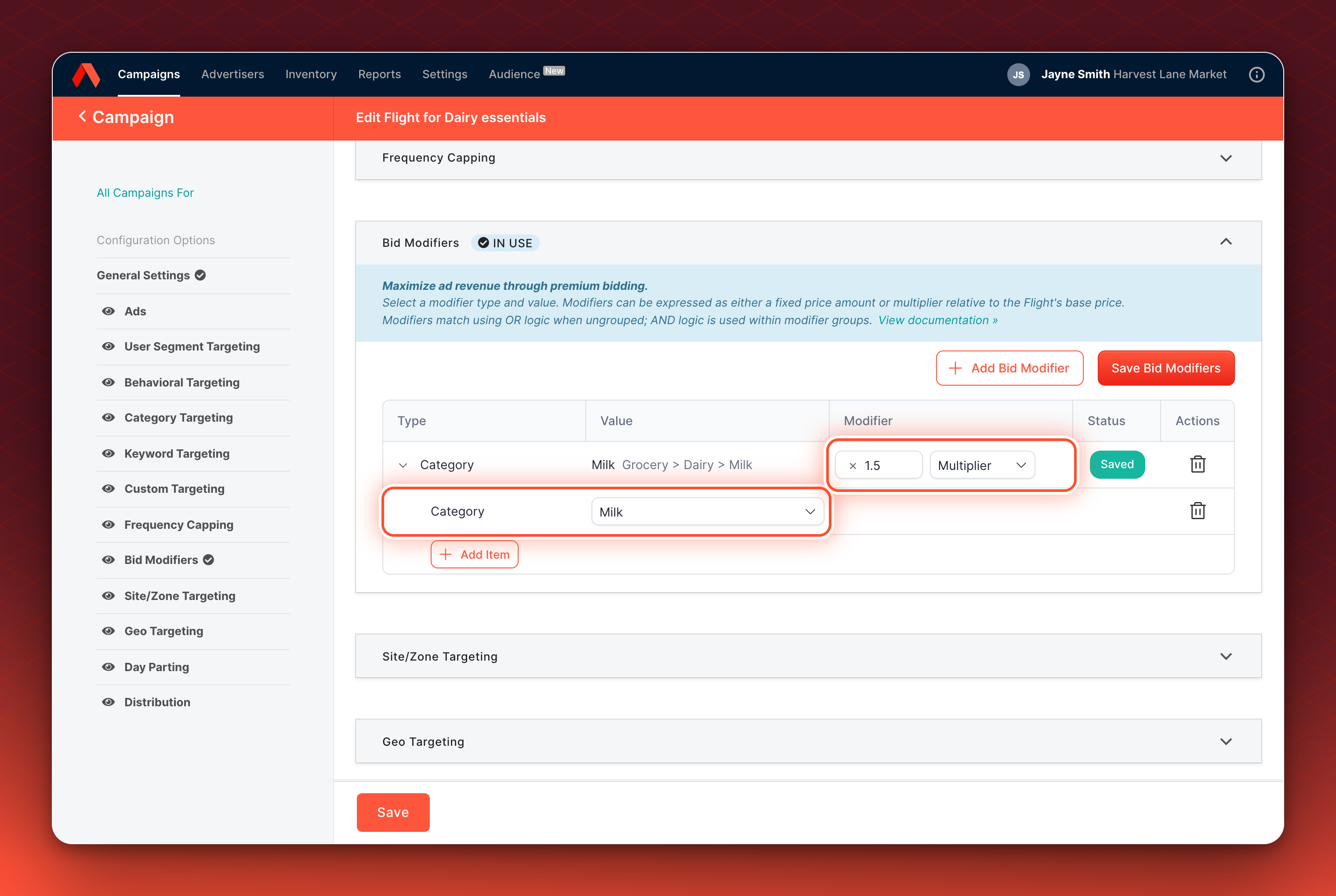 The Bid Modifiers panel with a Category modifier: Milk chosen in the category picker and a multiplier of 1.5.