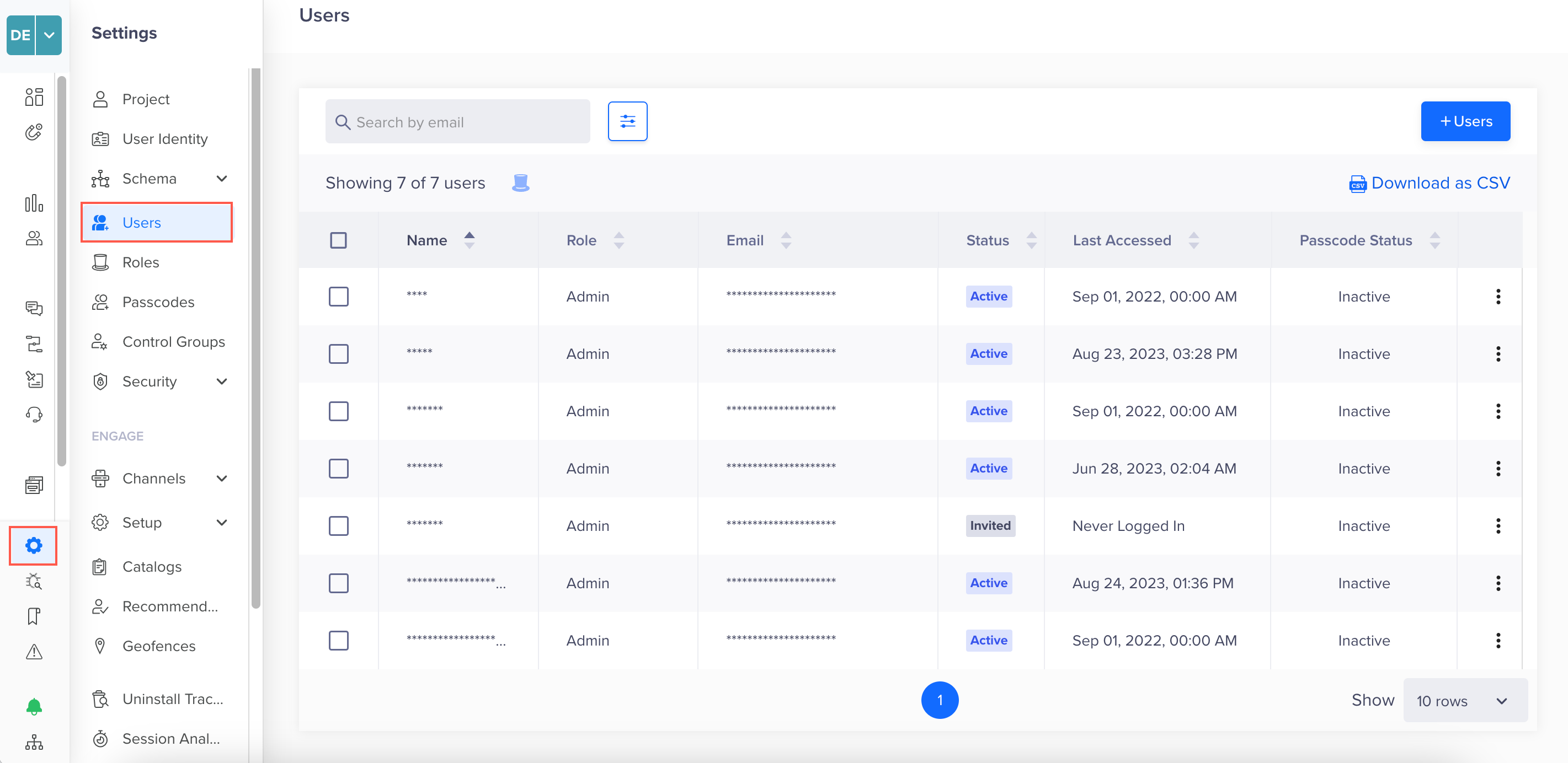 A dashboard image of User Settings page which gives an overview of added users and their access type